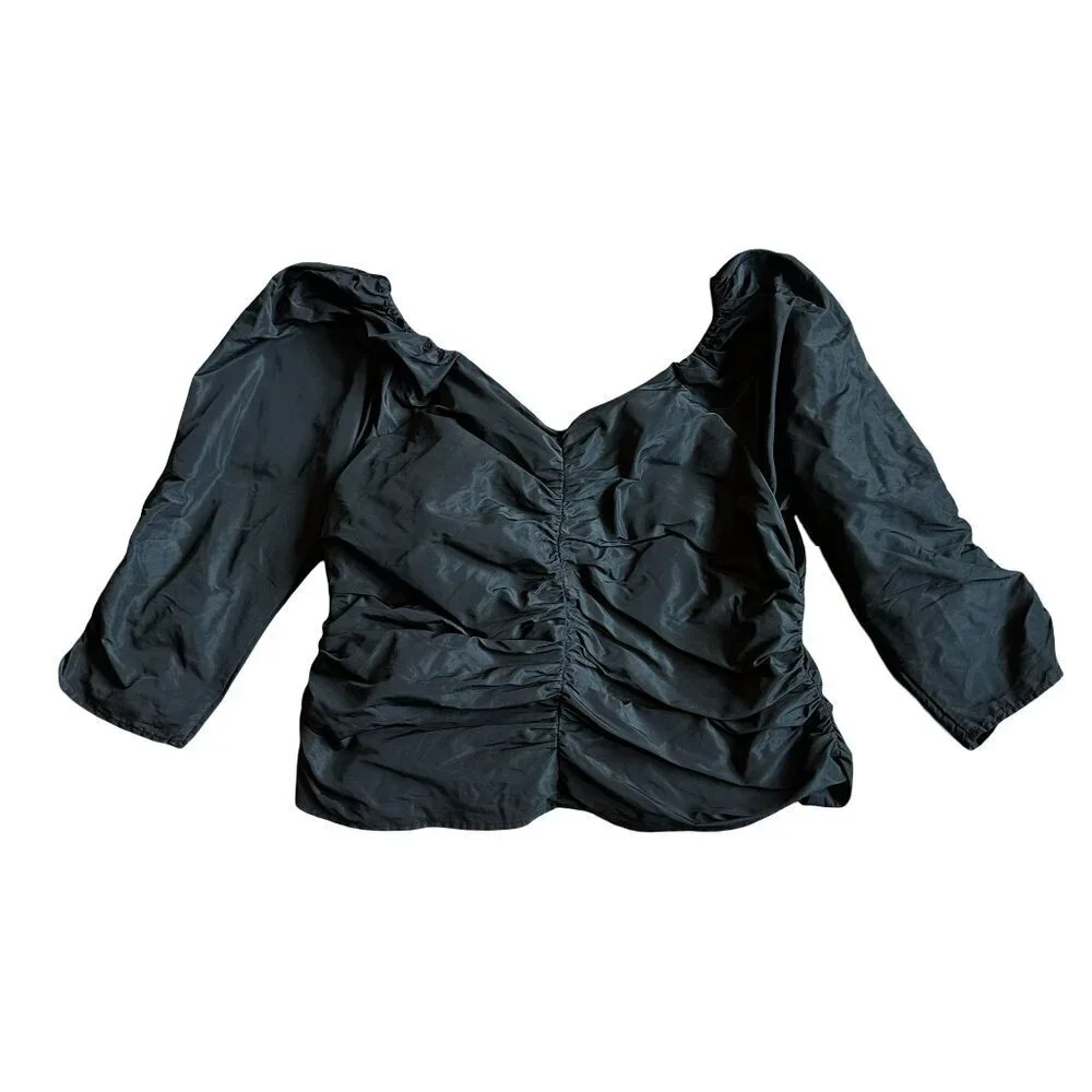 Something Navy Black Ruched Puff Sleeve Shirt Top 3/4 Sleeve Blouse Size XXL 2XL